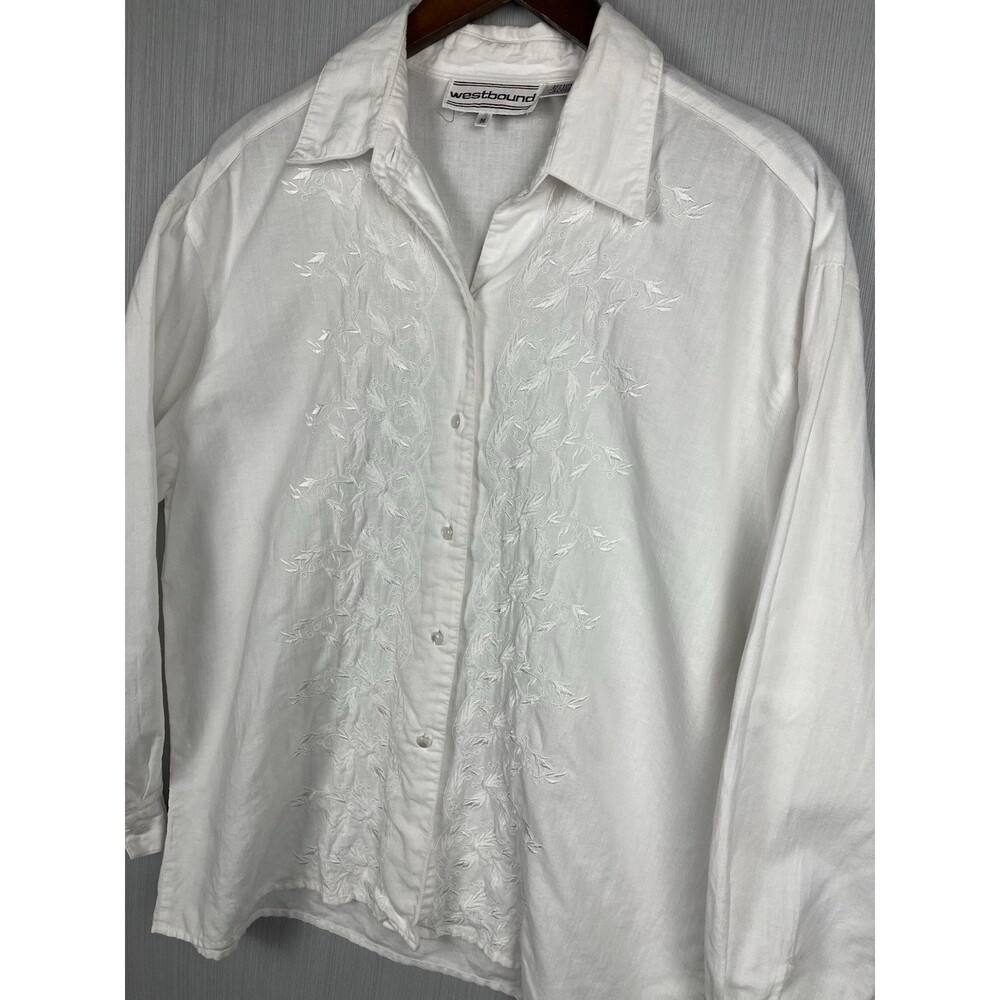 Romantic Cottagecore Linen Blend Embroidered Button Down Blouse Westbound M